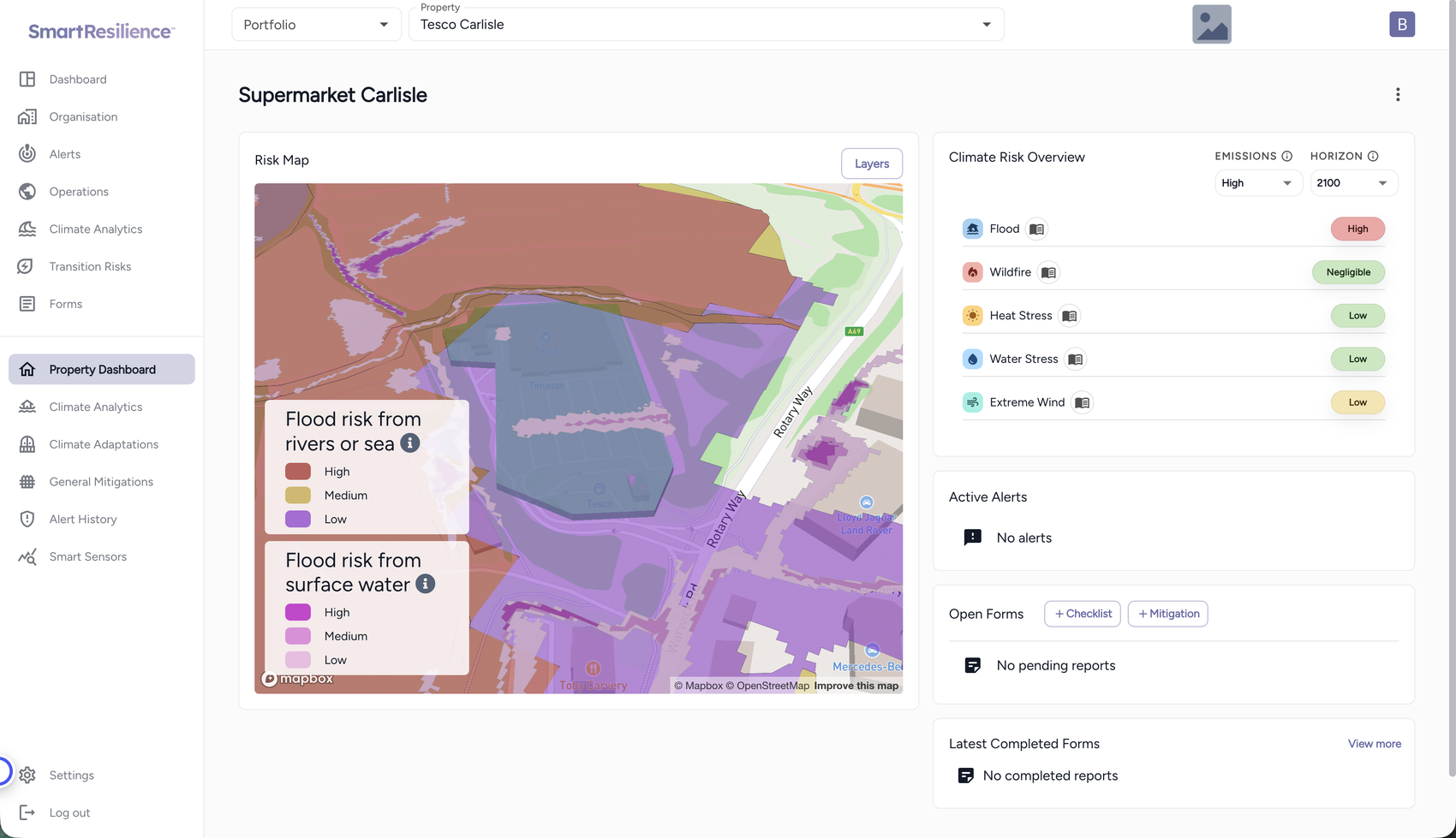 SmartResilience platform showing property risk map and climate risk overview by hazard